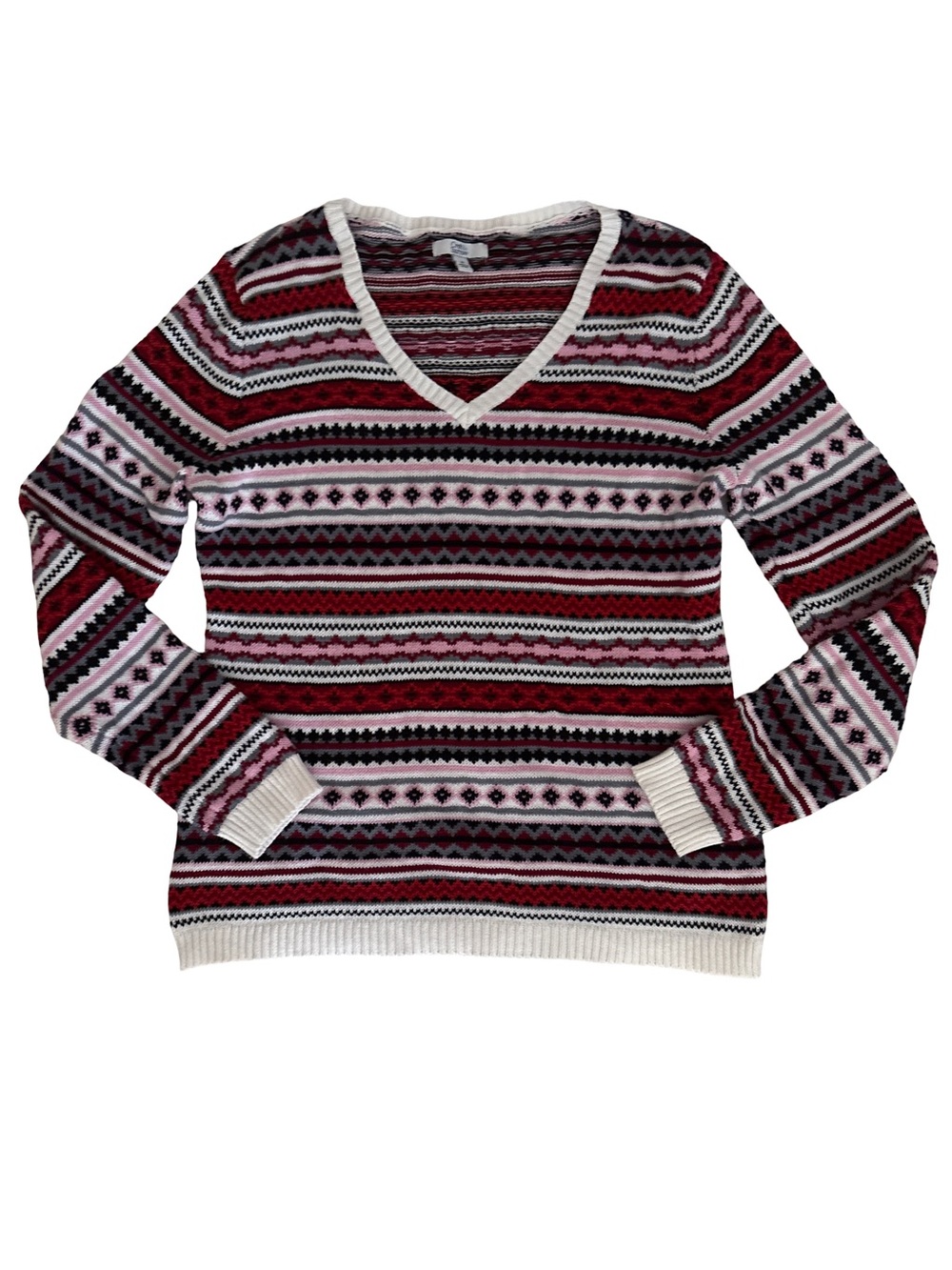 croft & barrow Multi-Stripe V-Neck Sweater in White, Pink & Burgundy